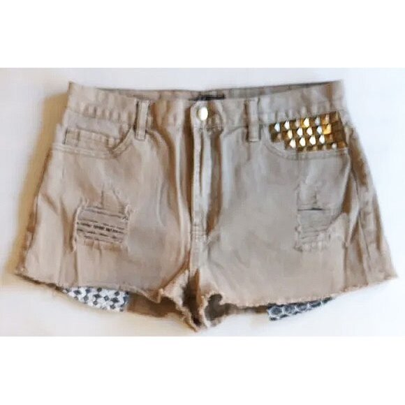 *50off3* Forever 21 High Rise Studded Destroyed Cut Off Shorts 30 Khaki Gold - Picture 2 of 14